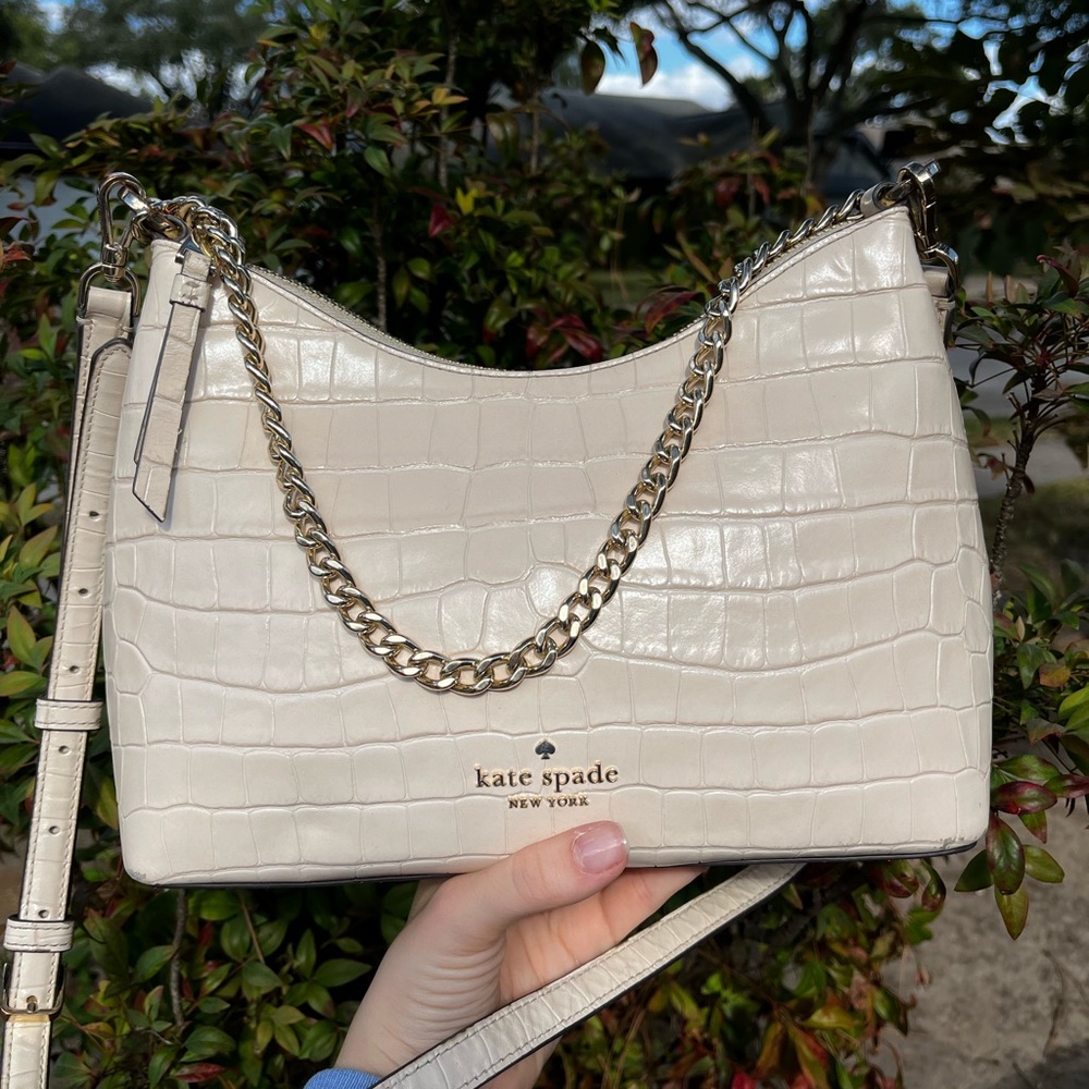 KATE SPADE Ivory Croc Embossed Hobo Baguette Shoulder Bag Crossbody